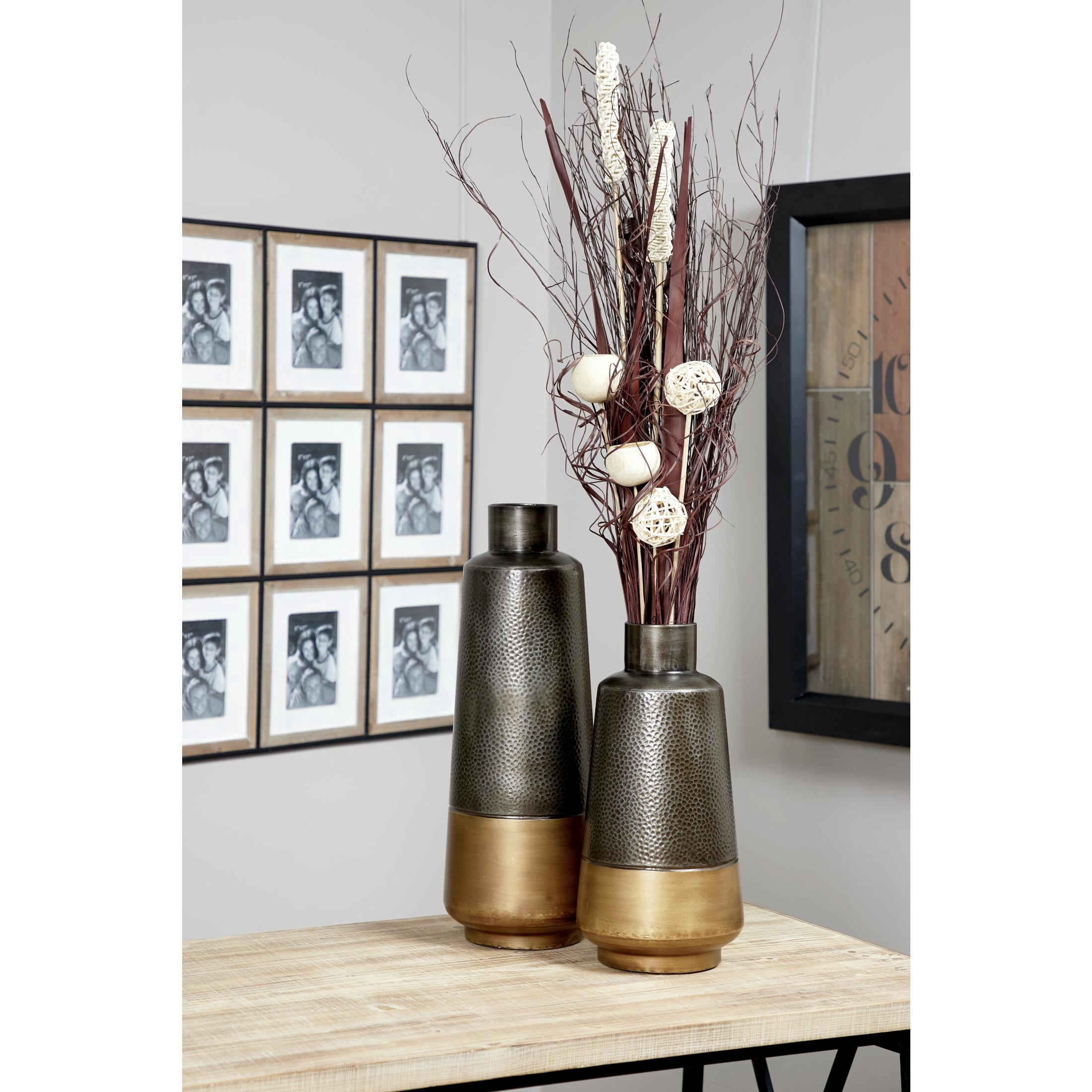 DecMode 20", 15"H Dark Gray Metal Vase with Gold Base, Set of 2