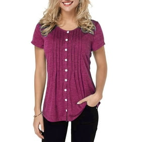 Women Summer Button Up Front Tops Shirts Casual Loose Pullover T-shirt Round Neck Pleated Tunic Blouses for Ladies Comfy Plain Tee