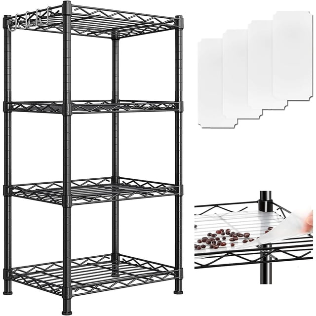 Estantes de metal de 4 niveles para almacenamiento, estantería para cocina, baño, despensa, armario y dormitorio. Estante organizador de alambre de acero resistente (negro, 21,7'' de largo x 11,8''