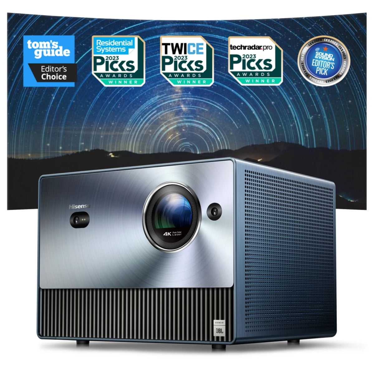 Restored Hisense C1 4K UHD Triple Color RGB Laser Portable Mini Projector, up to 300", Dolby Vision HDR10, 20w JBL Sound, Netflix, Auto Keystone Correction, MEMC (Refurbished)