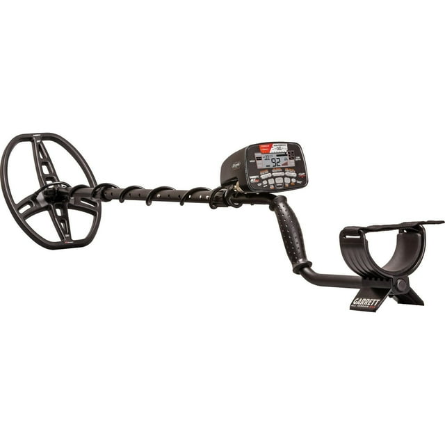 Garrett AT MAX waterproof handheld metal detector in black with digital control panel, ergonomic handle, and adjustable armrest.