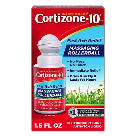Cortizone-10 Maximum Strength Itch Relief Massaging Rollerball, 1% Hydrocortisone, Fast-Acting, Anti-Itch Liquid for Bug Bites, Rash, Eczema, Psoriasis, Poison Ivy, Oak, Sumac, 1.5 fl. oz