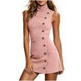 thumbnail image 2 of IUYRTFE Women Mock Neck Sleeveless Button Down A Line Mini Dress Solid Color Casual Short Dress, 2 of 5