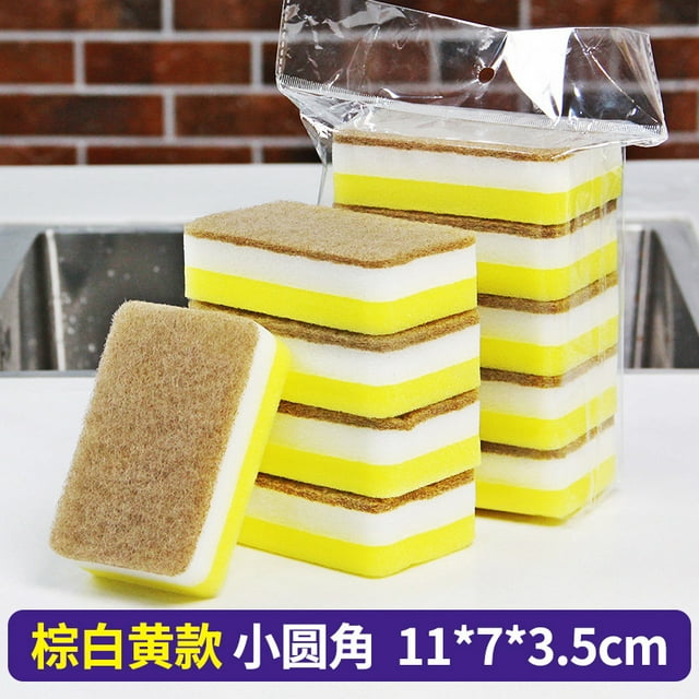 Nvzi Esponja de limpieza de tres capas gruesas con esquinas redondeadas, 5 piezas, para cocina, estropajo, doble cara, marrón + blanco + amarillo, para lavar platos, 11 * 7 * 3,5 cm