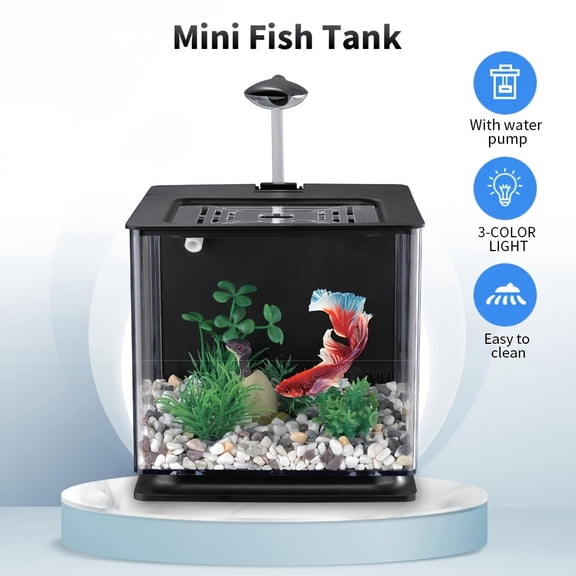 Mini Desktop Fish Tank with Water Pump & 3-Color LED Light, Small Betta Aquarium, Self-Circulating Mini Fish Tank for Office & Home Deco