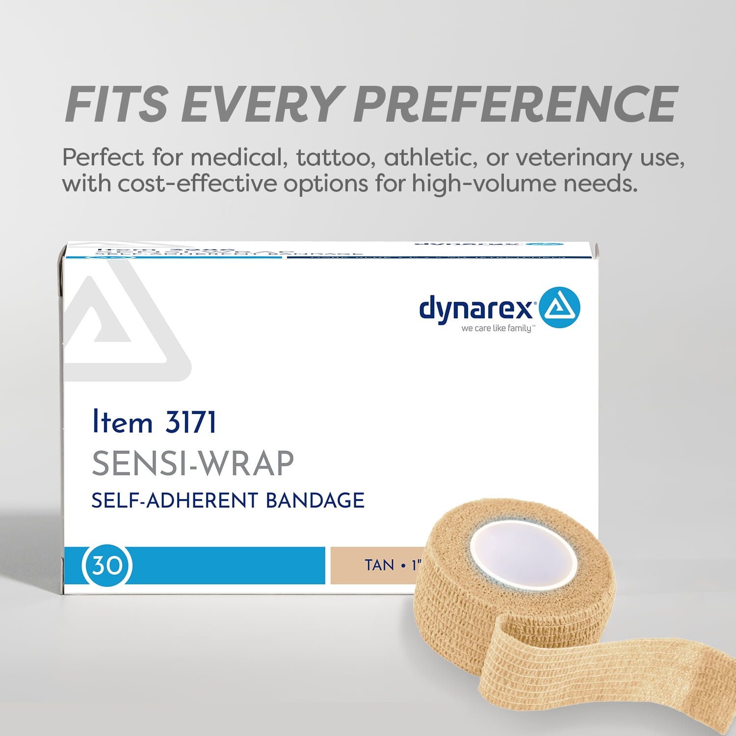 Dynarex Sensi-Wrap Self-Adhesive Bandages, 30-Pack, 1" x 5 yards, Tan, Latex, Colored Elastic Cohesive Athletic Tape, Tattoo Grip & Vet Wrap