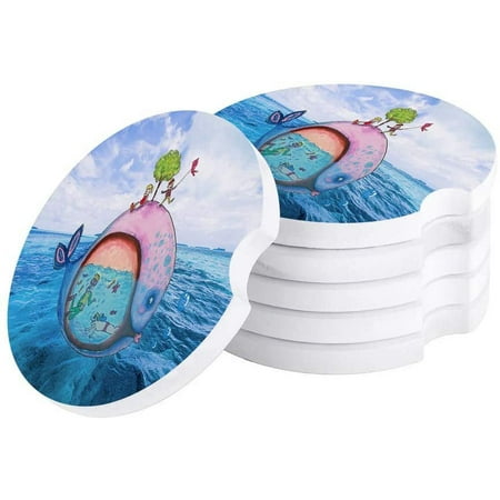 

KXMDXA Cute Funny Boy and Fish on The Sea Set of 2 Car Coaster for Drinks Absorbent Ceramic Stone Coasters Cup Mat with Cork Base for Home Kitchen Room Coffee Table Bar Decor
