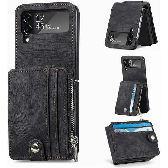 2 in 1 Wallet Case for Samsung Galaxy Z Flip 3 5G, Durable PU Leather Detachable Magnetic Zipper Pouch Purse Cover for Galaxy Z Flip 3 Case with Card Slots Stand Holder,Black