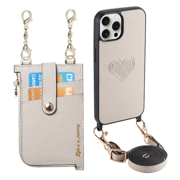 Wallet Case for iPhone 15 Pro with Detachable Card Holder, PU Leather Shoulder Strap Chain Crossbody Cover, Card Slots Heart Pattern Zipper Purse Case with Lanyard for iPhone 15 Pro, Gray