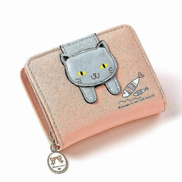 Women Cute Cat Wallet Kawaii Wallet Leather Zipper Coin Purses Cat Pattern Credit Card Holder Wallet Small Cat Bifold Wallet For Girl Teens(1 Pcs, Pin