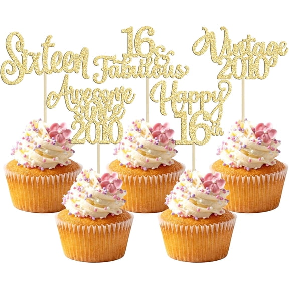 10Pcs Gold Glitter 16th Birthday Cupcake Toppers, "Happy 16th, Awesome Since 2010" Picks for Sweet 16 Birthday Party Cake Decorations