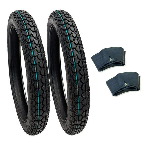 BUNDLE Motorcycle Tires: Two Tires Size 2.50 - 16 (P43)   FREE 2 Pack Matching Inner Tubes - Performance Motorcycles Dual On/Off Road Slightly Knobby Trea