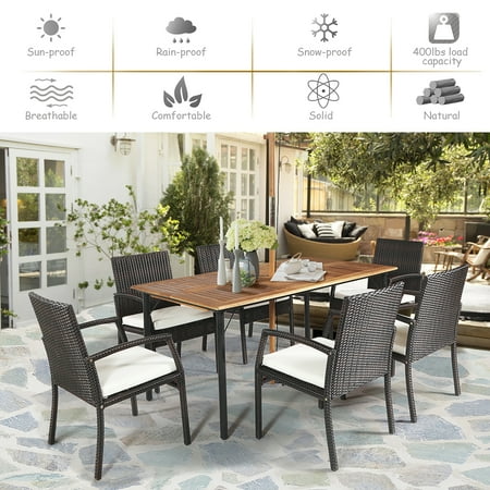 Costway 7PCS Patio Rattan Dining Set Chair Wooden Table Top W/Umbrella
