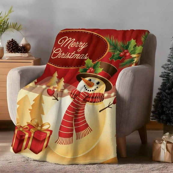 Throw Blanket Fleece Throw Blanket 40x50in, Merry Christmas Snowman Soft Lightweight Bed Blankets Vintage Gold Red Fuzzy Couch Blankets for All Season