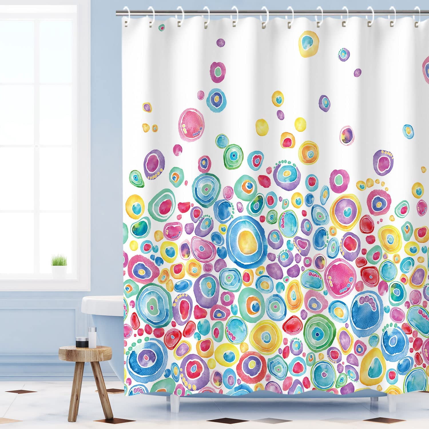 Colorful Shower Curtain, Kids Shower Curtain Rainbow Shower Curtain Hooks, Waterproof Funny Shower Curtains for Bathroom, Cute Red Polka Dot Circle Kids Bathroom Decor, 72Wx72H Inch