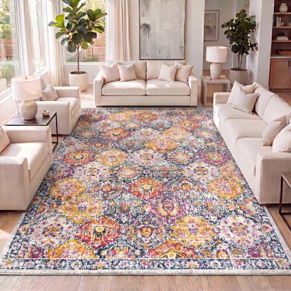 JONATHAN Y MDP205C-4 Modern Persian Boho Vintage Trellis Ivory/Navy/Multi 4 ft. x 6 ft. Area Rug