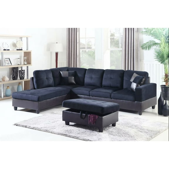 Pon Living Microfiber Sectional Sofa Set, 3PC L-Shaped Living Room Couches, Left Hand Facing (Dark Blue)