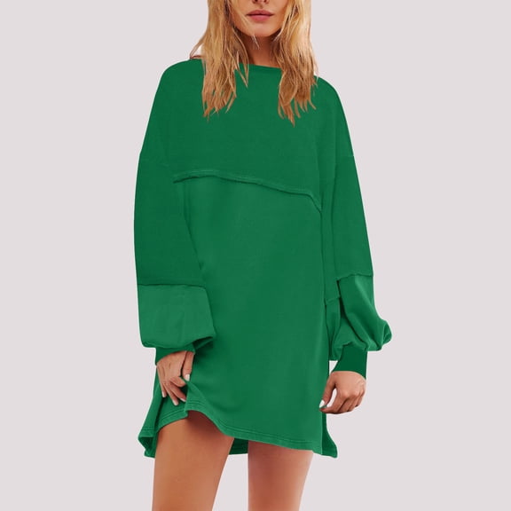 Zedker Dresses for Women Oversized Long Sleeve Patchwork Sweatshirt Dress Crewneck Tunic Sweatshirts Fall Loose Pullover Top Plus Size Green L