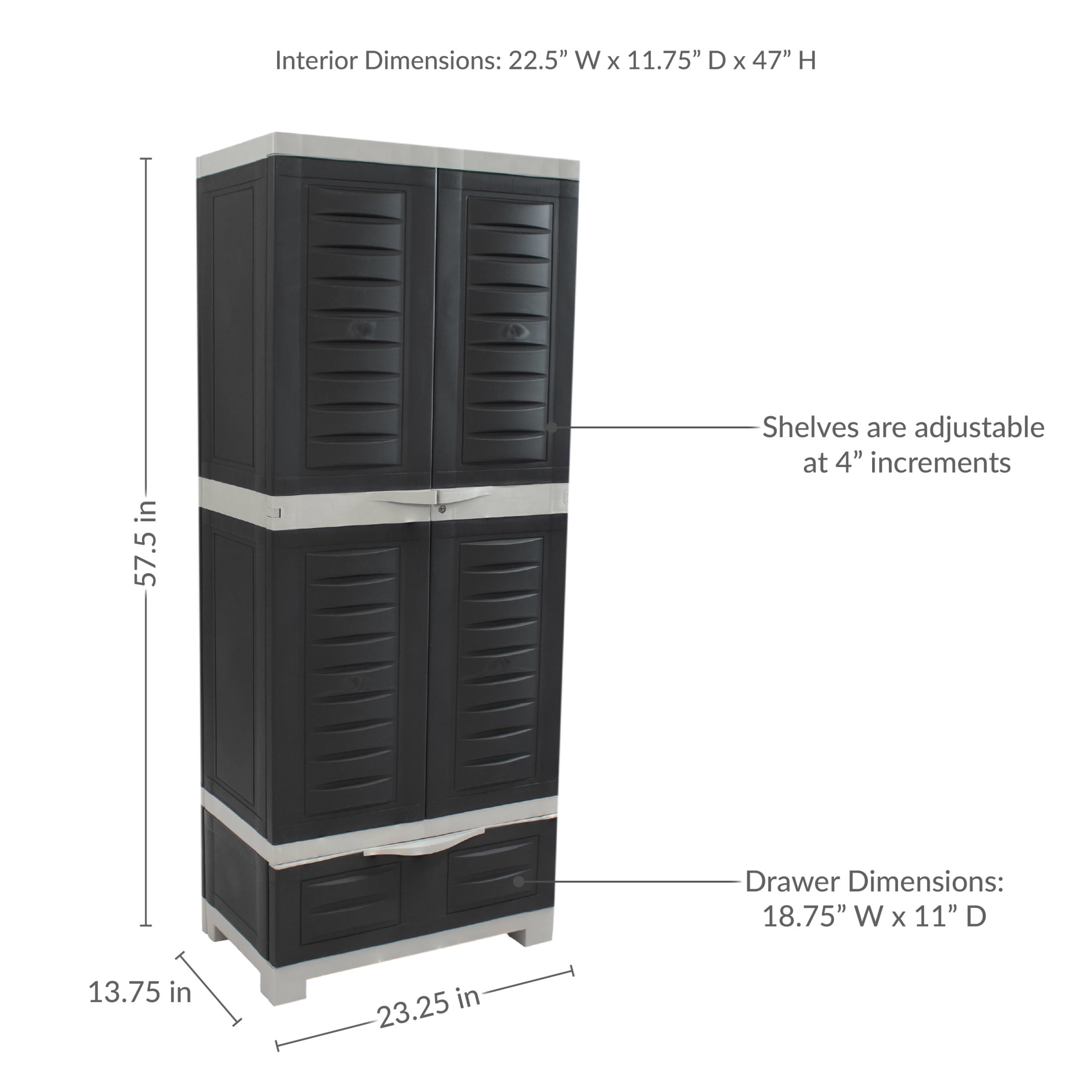 Sunnydaze Lockable Adjustable 57.5" Plastic 3-Shelf 1-Drawer Freestanding Storage Cabinet, Charcoal with Gray Trim