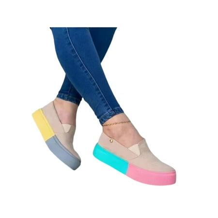 

UKAP Women Platform Loafers Non-slip Casual Shoes Slip On Loafer Lightweight Walking Shoe Womens Color Block Bottom Comfortable Apricot 5.5