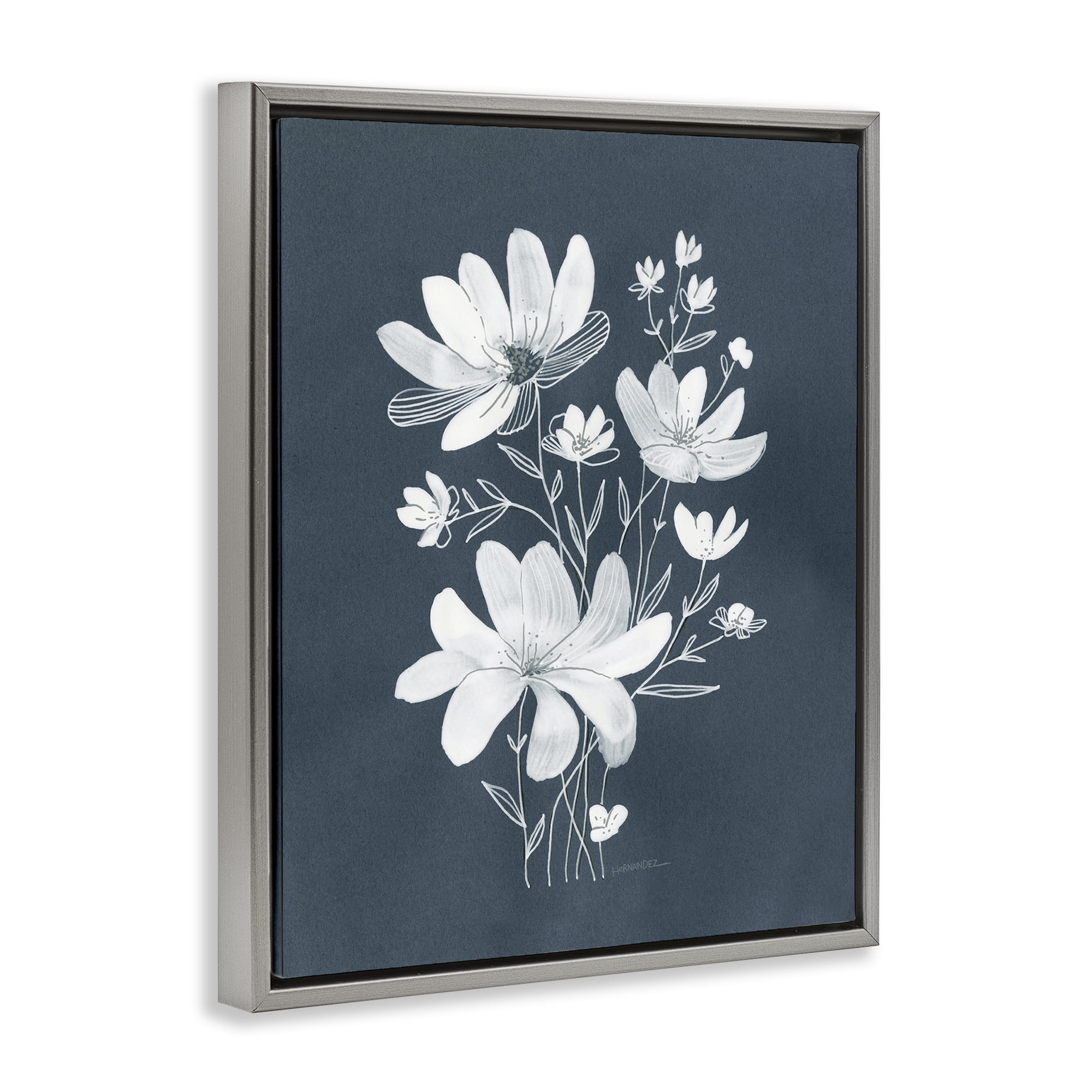 Stupell Industries White Floral with Outline Plants & Flowers Painting Gray Floater Framed Canvas Art Print Wall Art, 25 x 31