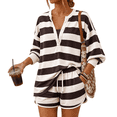 thumbnail image 3 of Matching Sets Women Clothing Striped 2 Piece Set Lounge Henley Shirts and Drawstring Shorts with Pockets Trendy Tracksuit Set Brown XXL, 3 of 7