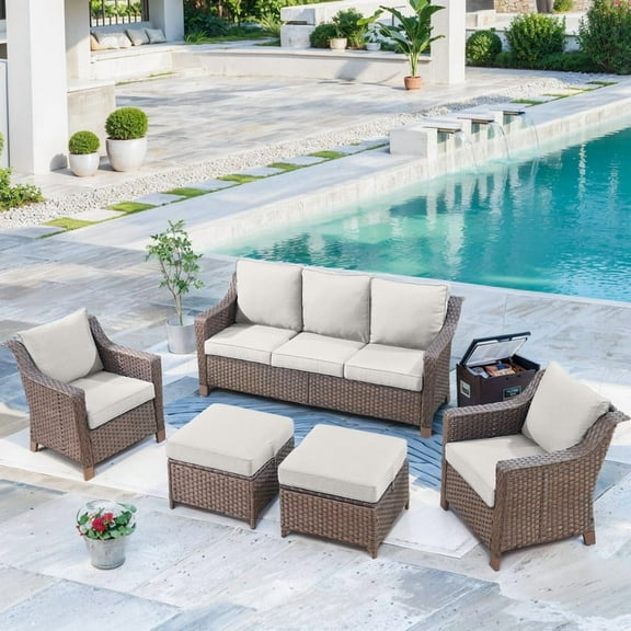 Gymojoy 5 Pieces Wicker Outdoor Patio Furniture Set, Patio Conversation Set with 2 Lounge Chairs, Sofa and 2 Ottomans,Beige