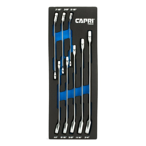 Capri Tools 120-Tooth Ultra-Smooth Reversible Ratcheting Wrenches Set, XL Long Series, 12-Point, 5/16 to 3/4 in., SAE, 8-Piece with Mechanic's Tray