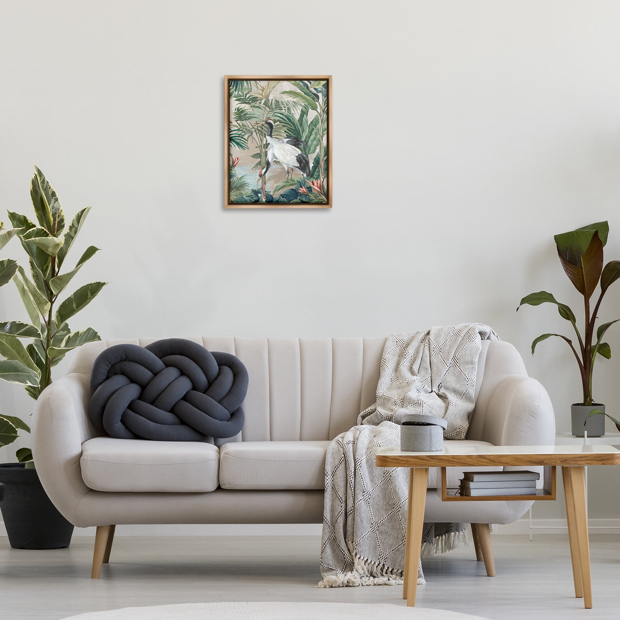 Stupell Industries Tropical Oasis Cranes Animals Painting Brown Floater Framed Canvas Art Print Wall Art, 17 x 21