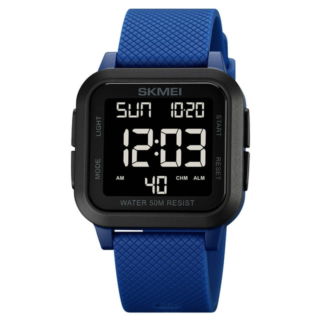 SKMEI 1894 Montre de Sport Numérique pour Homme avec Double Heure, Chronomètre, Alarme et Rétroéclairage EL - Montre-Bracelet d'Extérieur Résistante à l'Eau 5 ATM pour la Course (Bleu et Noir)