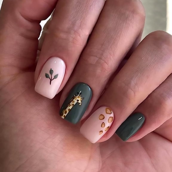 Dark Green Press on Nails Medium Square Fake Nails Solid Color False Nails With Cute Giraffe Designs Full Cover Glue on Nails Coffin Acrylic Artificial Nails Stick on Nails for Women Girls 24Pcs