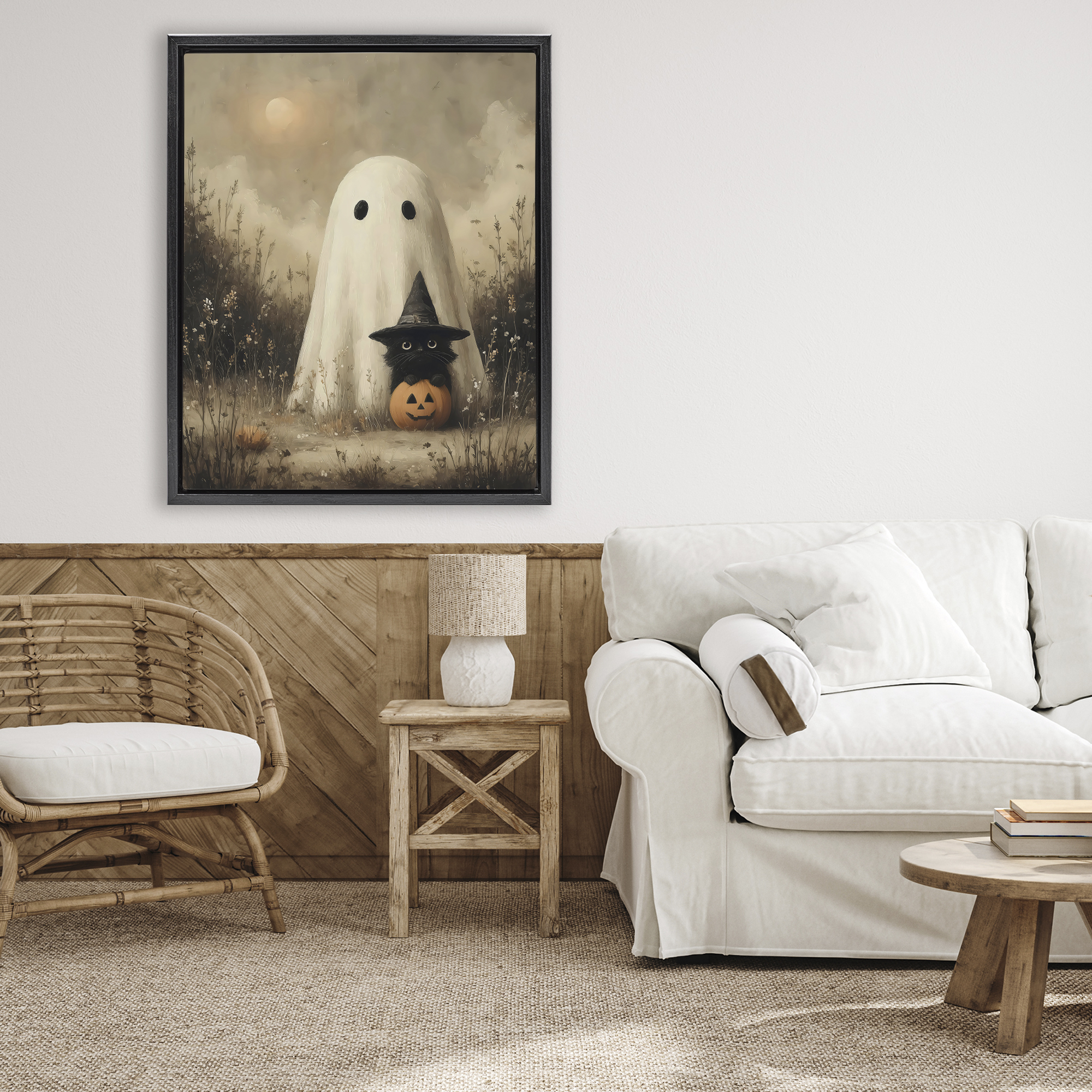 Ghost with Black Kitten Black Framed Floater Canvas Wall Art, design by Arlington Prints