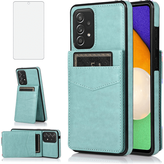 Asuwish Compatible with Samsung Galaxy A52/A52S 5G Wallet Phone Case Tempered Glass Screen Protector and Crossbody Wrist Strap Ring RFID Card Holder Cell Cover for A 52 S 4G G5 52A S52 52S Women Teal