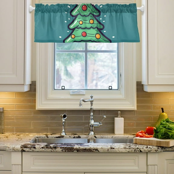 Cute Christmas Tree Curtain Valances Farmhouse Design Window Treatment Decor Blackout Rod Pocket for Windows Living Room Kitchen 54" x 18"