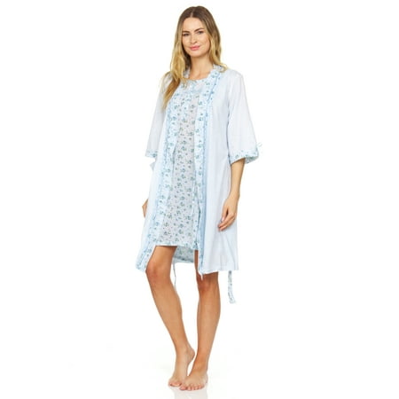 

Women Kimono Robe Gorgeous Loungewear 2PC Set Sleepwear Camisole & Robe Blue M