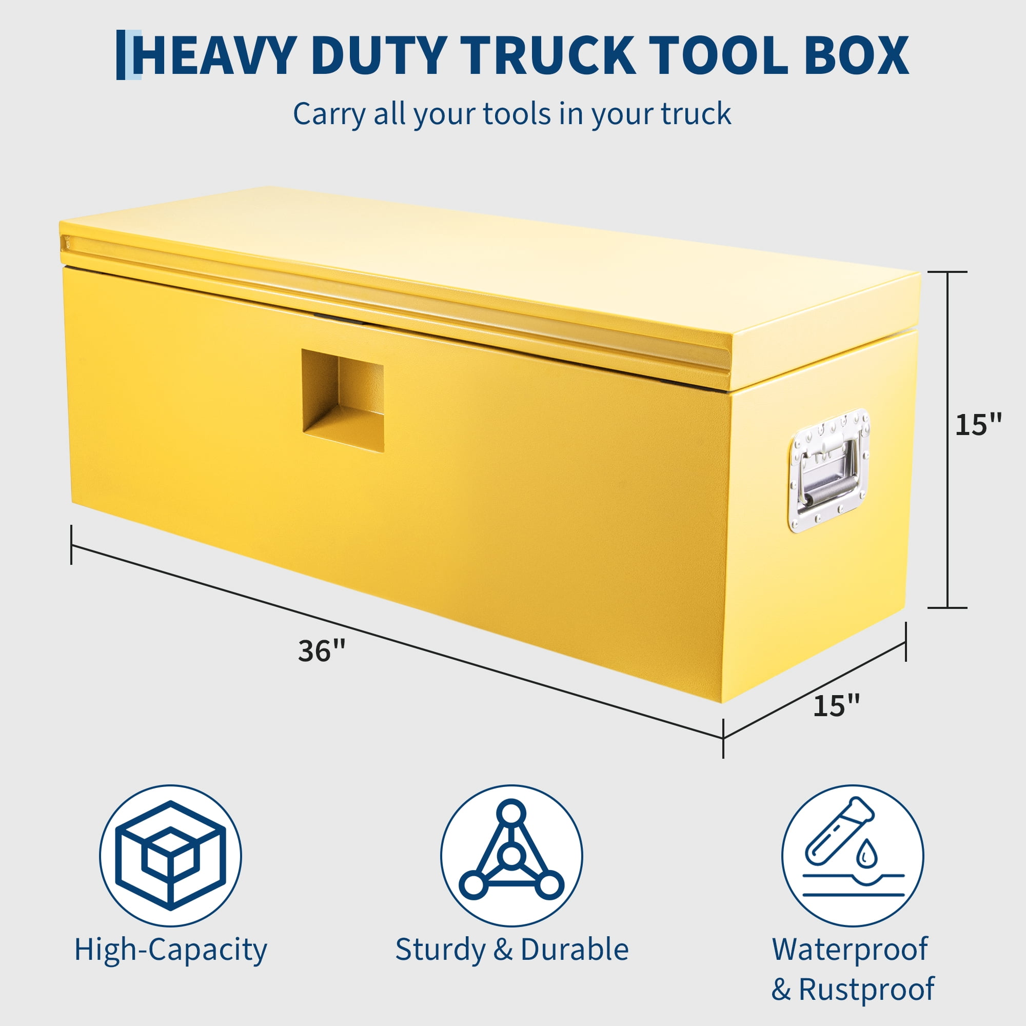 36" x 15" x 15" Yellow Steel Truck Bed Tool Box, Heavy Duty Trailer Tongue & Pickup Storage Chest with Dual Hydraulic Lid Supports, Truck/RV/Trailer Tool Organizer
