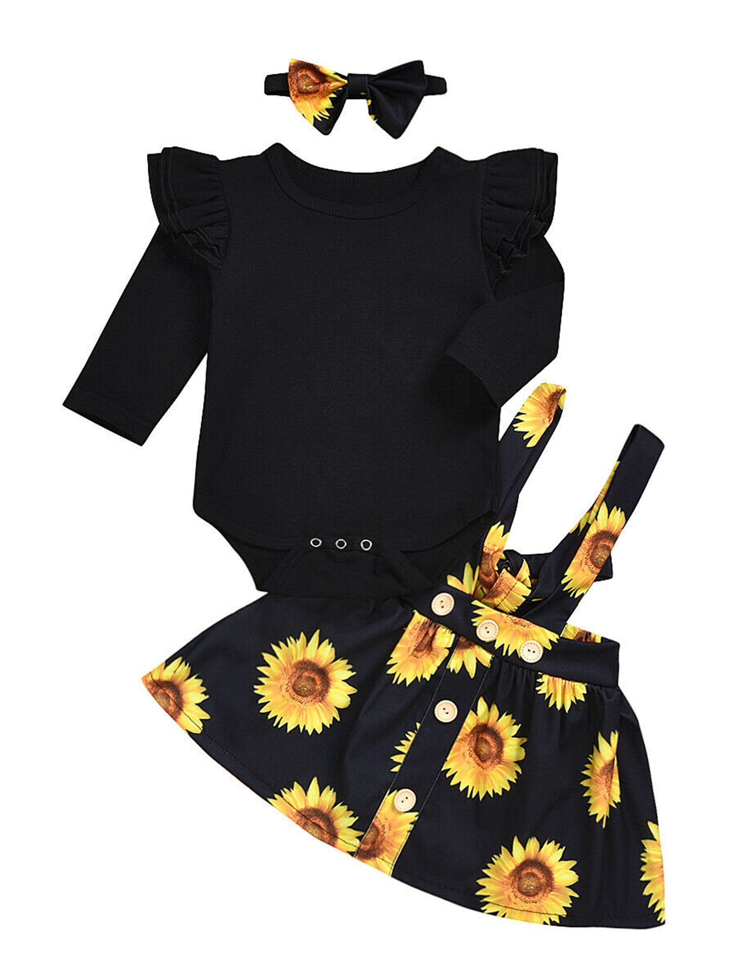 Baby Ruffle Romper Jumpsuit Headband 2pcs Off Shoulder Sunflower Outfits Clothes 