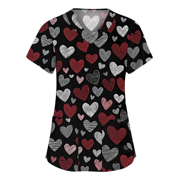 Hearthz Plus Size Valentine Scrub Tops Women Love Heart Pattern V Neck Short Sleeve Nurse Uniforms Side Slit Women Workwear with Pockets S-5xl