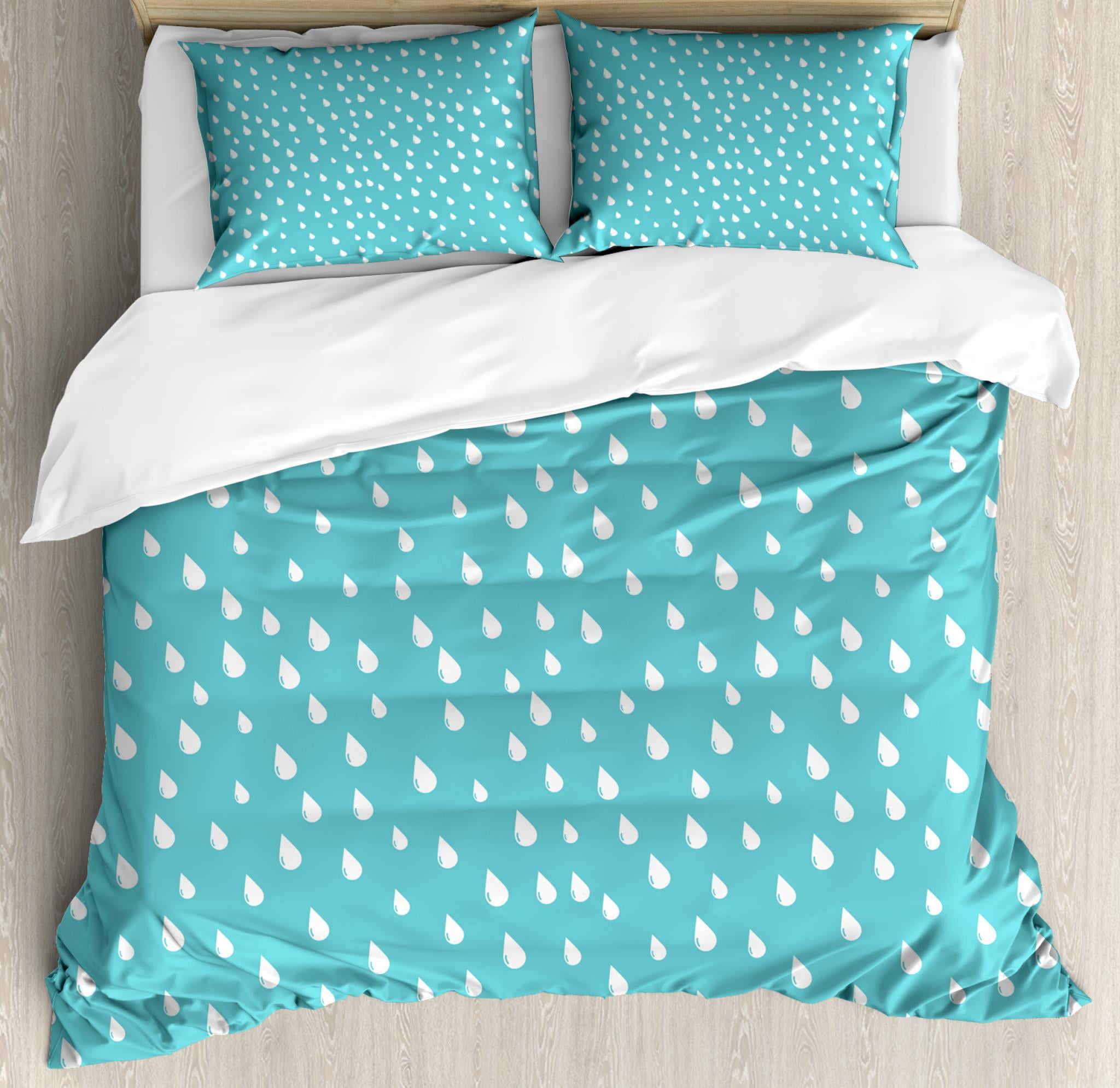 Turquoise And White King Size Duvet Cover Set Raindrops In Doodle Style Cloudy Wet Weather Day Inspirations Decorative 3 Piece Bedding With 2
