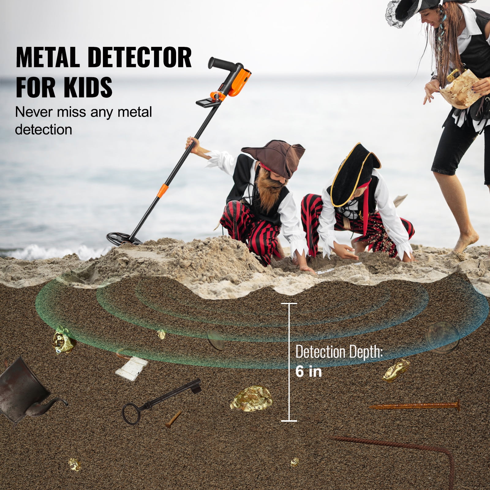 KFFKFF 6" Metal Detector with LCD Display, 26"-36" Adjustable Stem for Kids and Adults, 2 Modes Gold Detector with IP68 Waterproof Coil, Suitable for Beaches, Backyards, Hiking