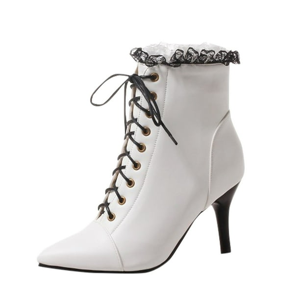 NECHOLOGY Zapatos Botines de mujer Botas de tobillo de encaje de moda de invierno para mujer con tacones tacones puntiagudos con cordones botas de tobillo con cremallera lateral (White 7)