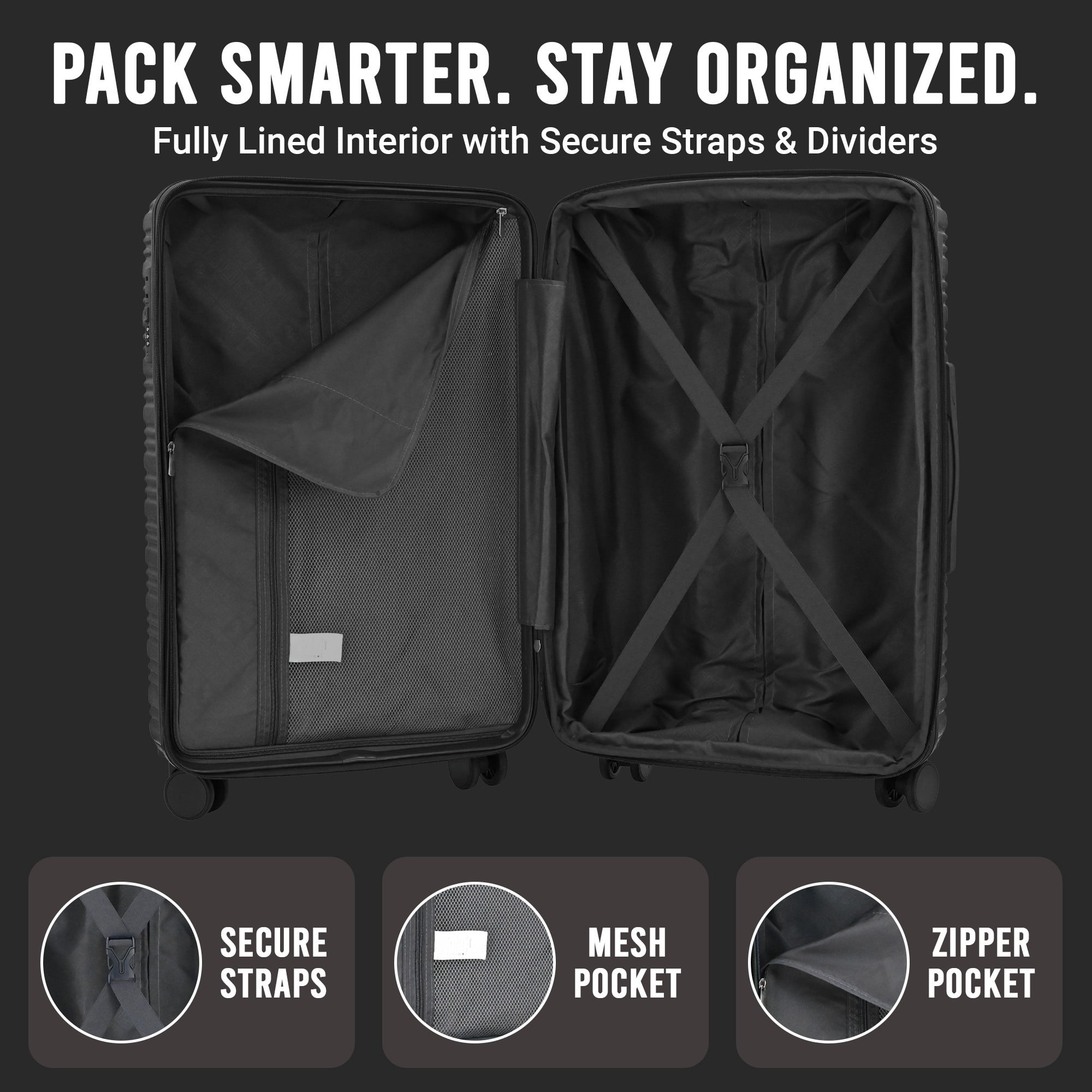 Expandable 20-inch Carry-On Hardside Luggage with 360° Spinner Wheels and Combination Lock, Black