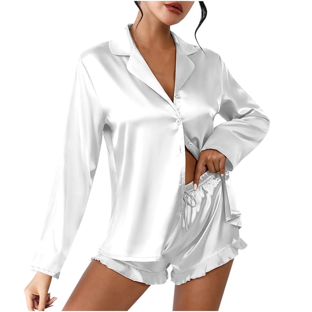 Qertyioot Tendances Femmes Ensemble de Pyjama Décontracté Ample Col en V Manches Longues+shorts