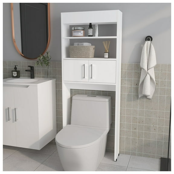Bisbee 2-Door Over-the-Toilet Bathroom Storage Cabinet Shelf, White White 2 3 24 to 35 in 60 in & above Bathroom Over-the-Toilet Modern 5 - 10 inches Melamine Particle Board