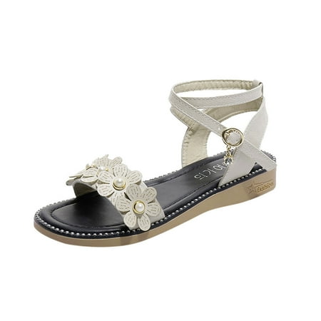 

GWAABD Slip on Loafers Women Flower Rhinestone Non-slip Flat Sandals Buckle Straps Rome Sandals