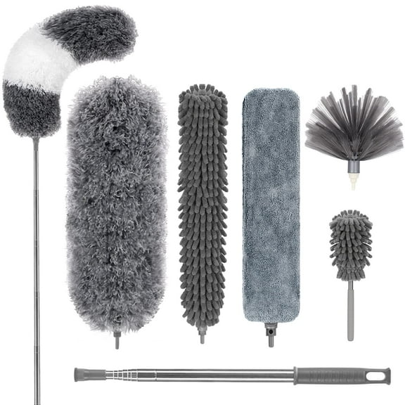 Microfiber Feather Duster,7 pcs Reusable Bendable Washable Cobweb Duster with 100 inches Extra Long Extension Pole for Cleaning Ceiling Fan, High Ceiling, Blinds, Furniture & Cars