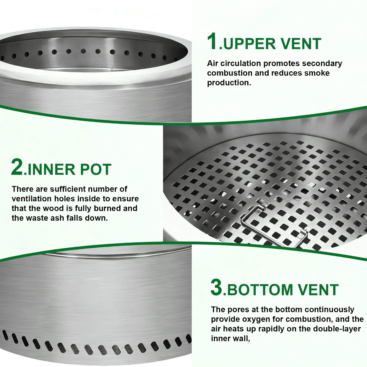 Portable Smokeless Fire Pit with Grill Grate, Removable Ash Tray, Carry Bag, Stainless Steel, for Outdoor Use (19.1 Inch)