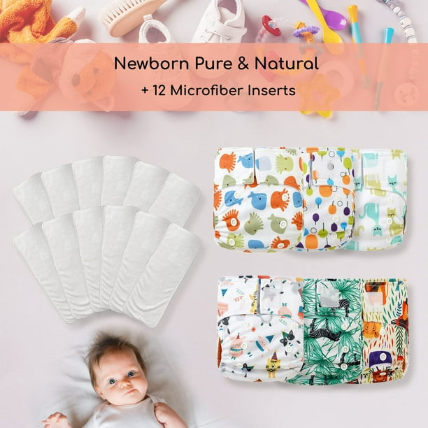 KaWaii Baby Reusable Newborn Cloth Diapers, Waterproof Washable Pocket Nappy,  Pack of 6 Cloth Diapers + 12 Super Absorbent Stay-Dry Inserts Adjustable to  fit 6–22 Pounds/0-18 Months Happy Girl 