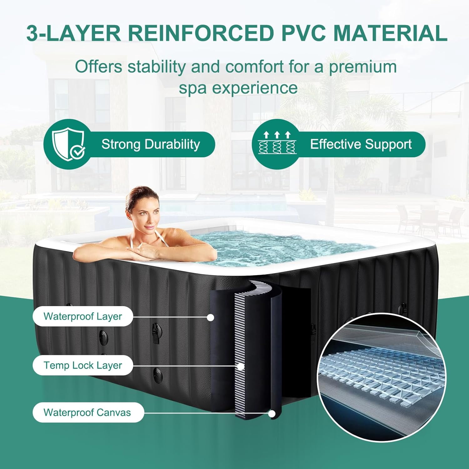 MOPHOTO 4-6 Person Inflatable Hot Tub, Large Square Portable Blow up Hot Tub, Leak-Proof PVC Outdoor Spa with 130 Air Jets, Insulated Cover and Heater Pump(73"*73"*25")