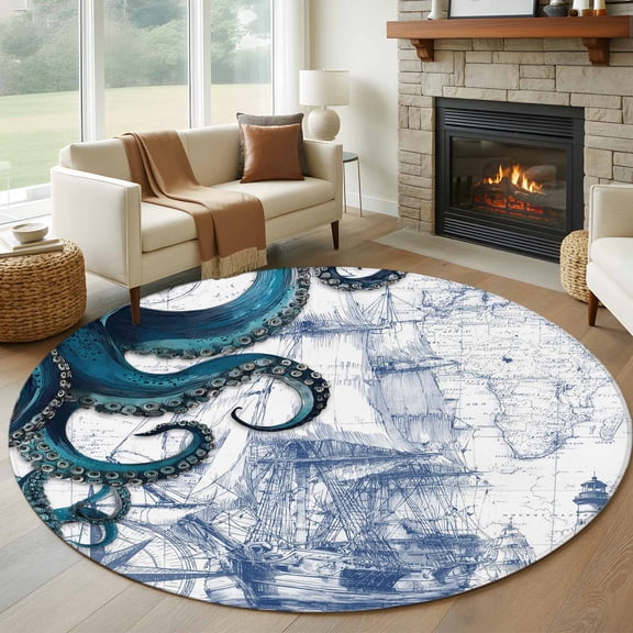 Round Rug 7Ft Washable Non-Slip, Nautical Blue Octopus Circle Area Rugs for Living Room Bedroom, Coastal Ocean Summer Boat Indoor Floor Mats Carpet Runner for Home Decor Aesthetic